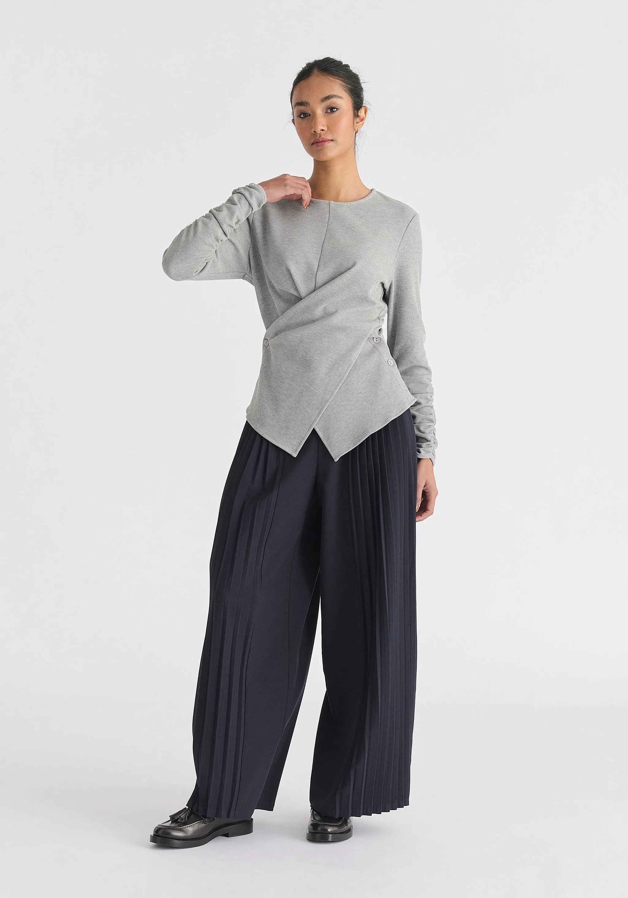 Wrap Top with Ruched Sleeve Detail