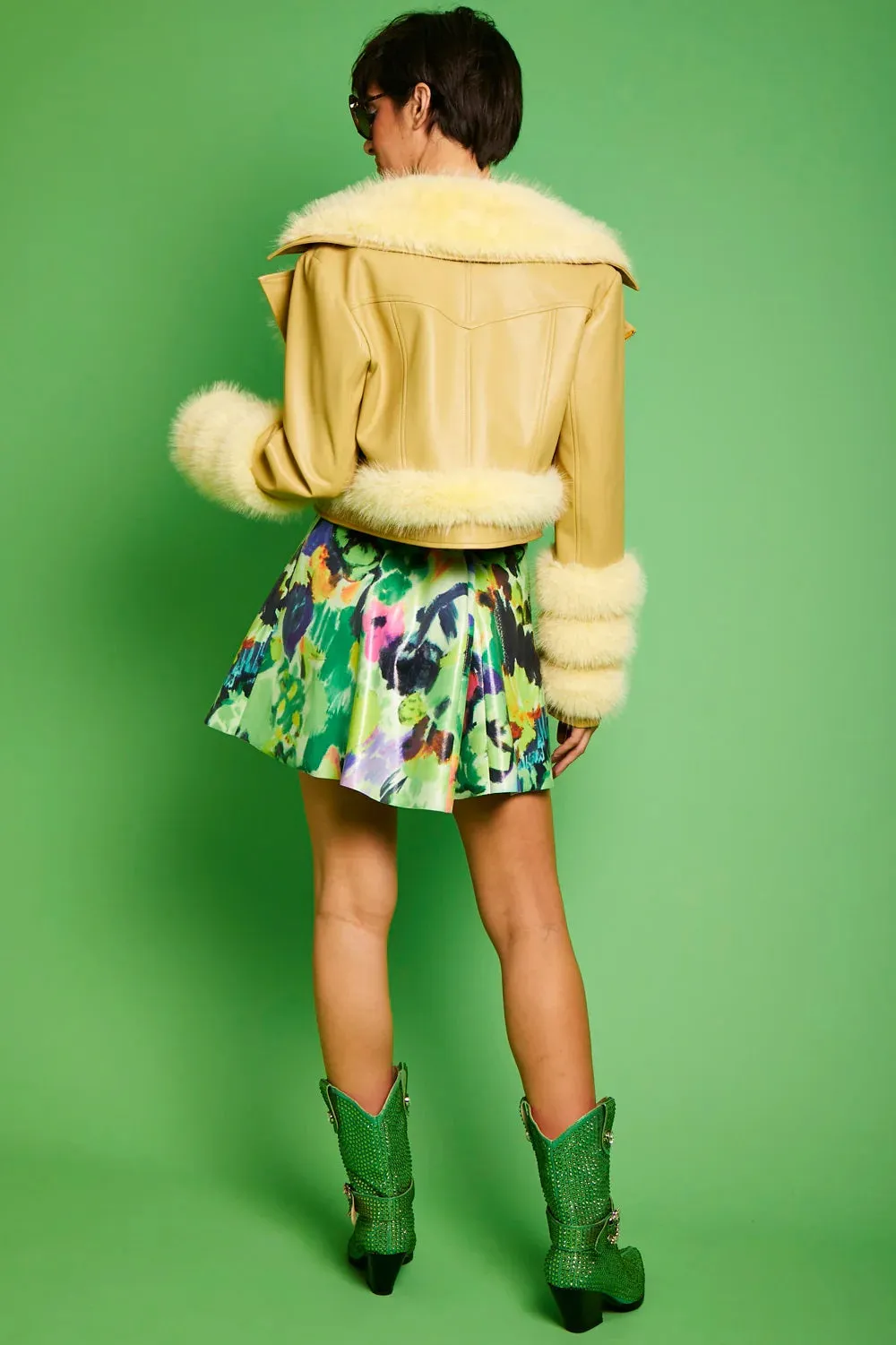 Yellow Faux Leather Faux Fur Biker Jacket