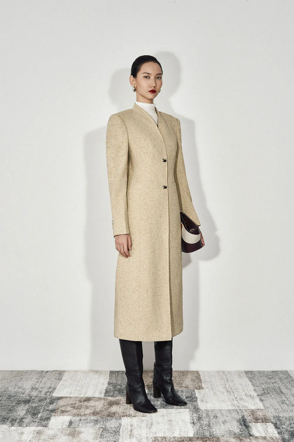 Zahara Straight Square Shoulder Wool Blend Calf Length Trench Coat